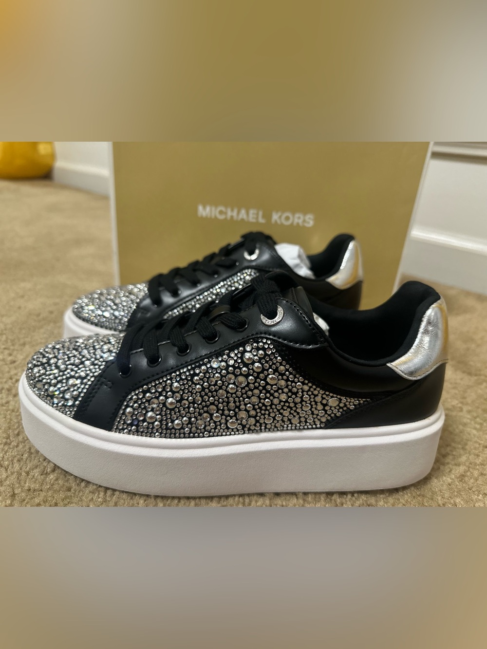 Michael Kors Black Faux Leather Lace-Up Sneakers with Crystals